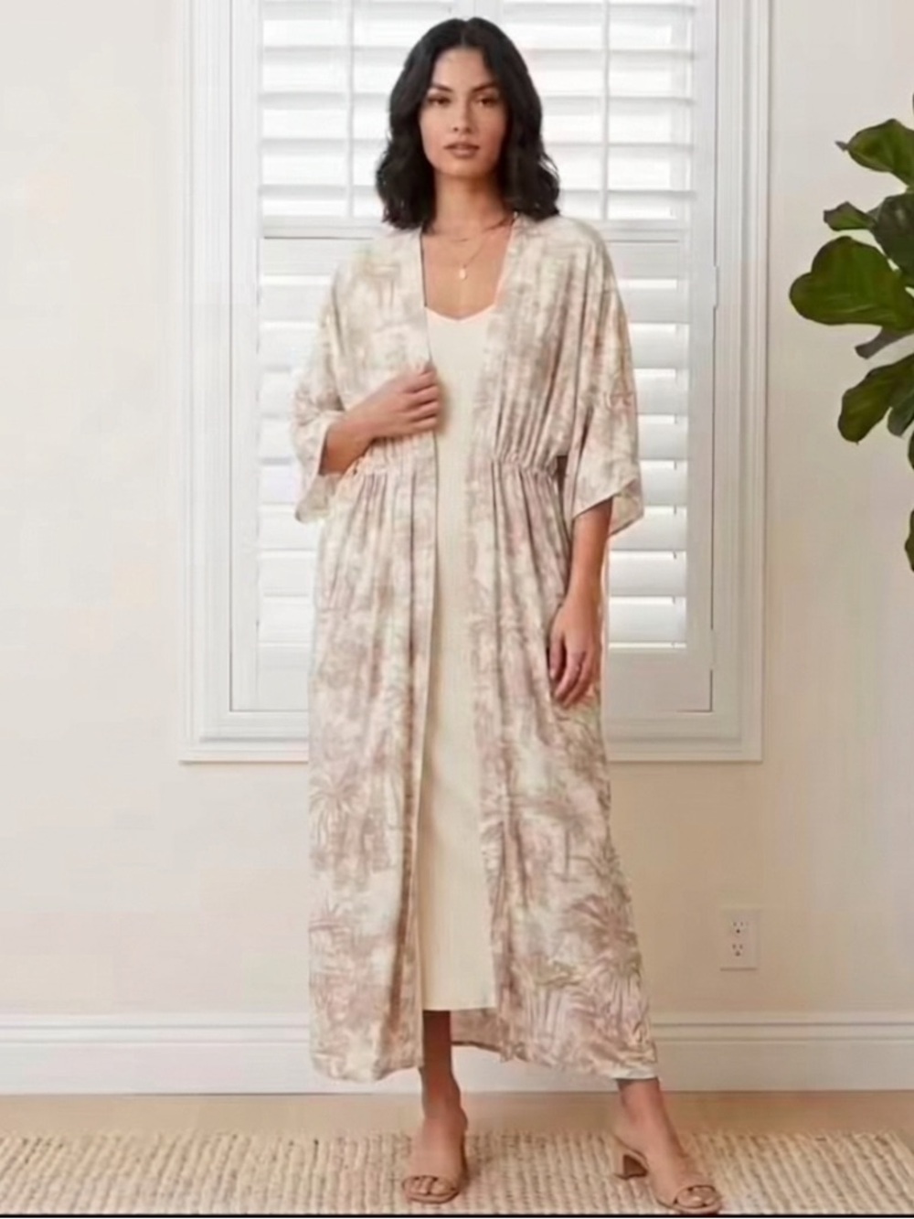 Gorgeous coverup/ kimono in viscose palm trees print by riva designs.